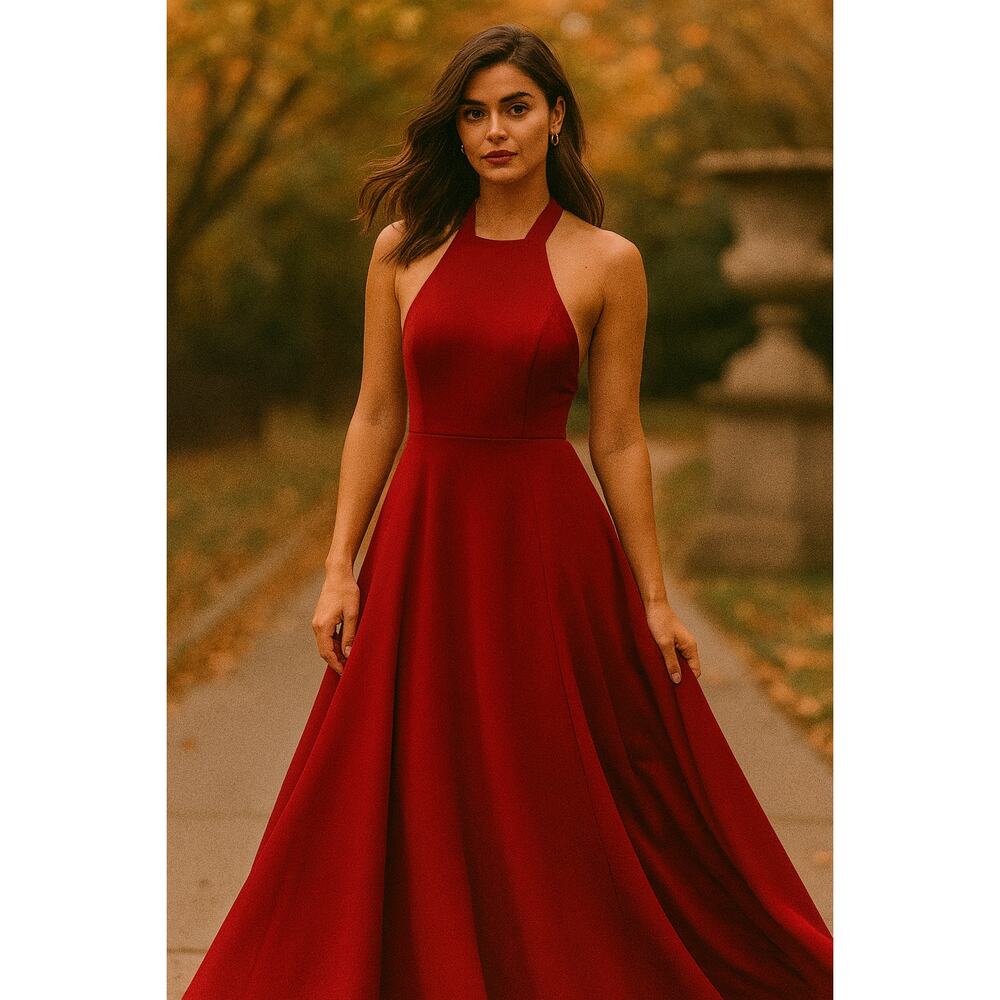 Elegant Red Halter Neck Evening Dress